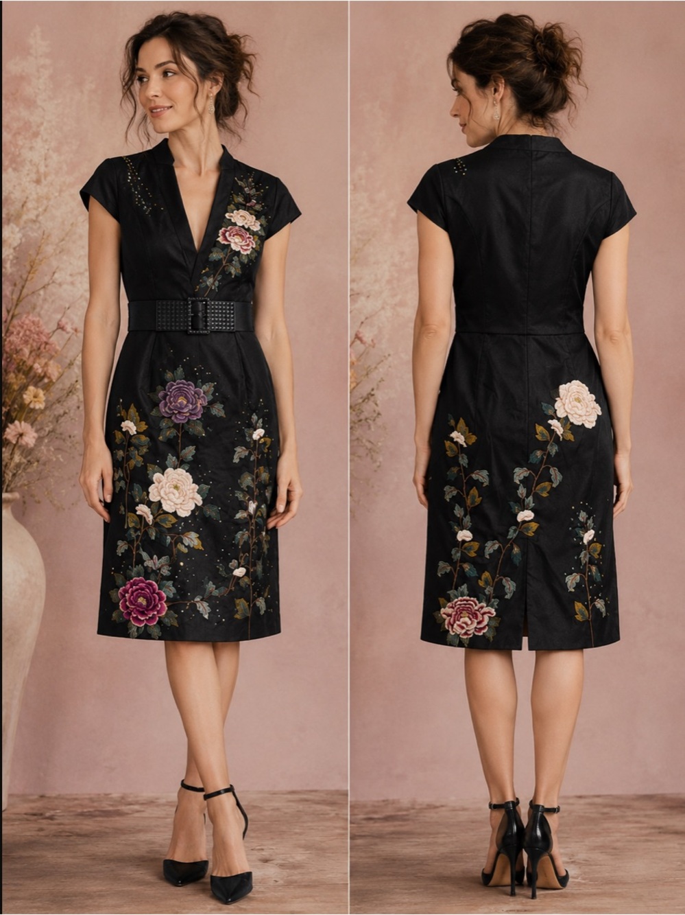 VINRS Silk Embroidered Dark Floral Sheath Dress Sequin Belted Medium 8-10 Black